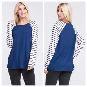 Blue top with raglan white & blue striped sleeves